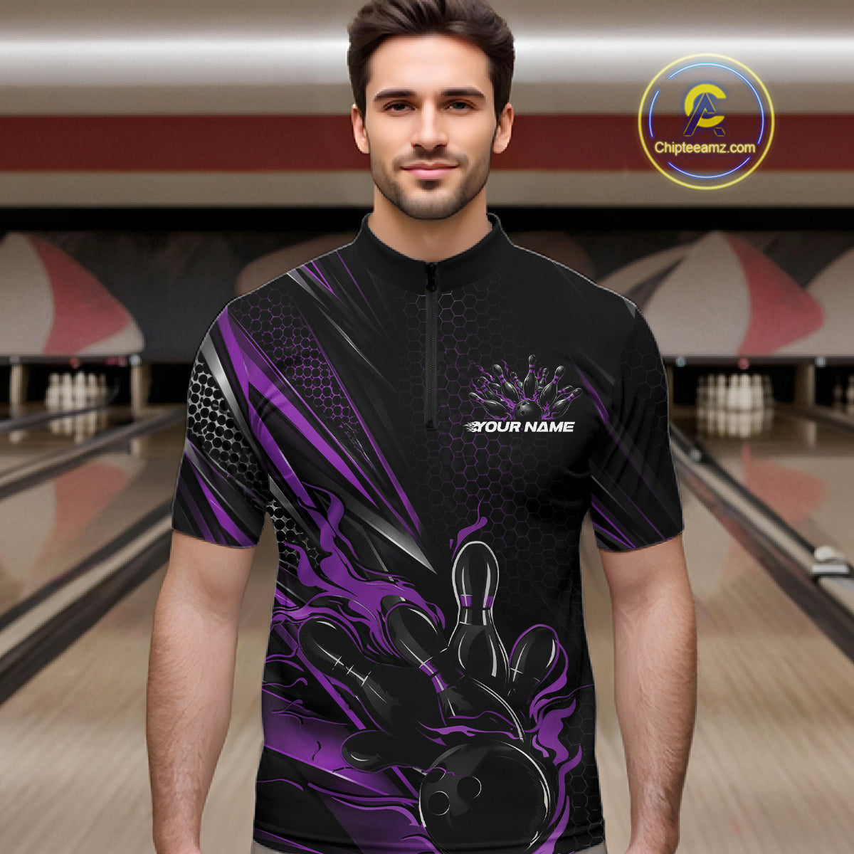 Custom Black And Purple Flame Bowling Team Men Quarter Zip Shirt, Bowling League Shirt IPHW12205