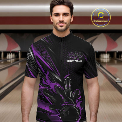 Custom Black And Purple Flame Bowling Team Men Quarter Zip Shirt, Bowling League Shirt IPHW12205