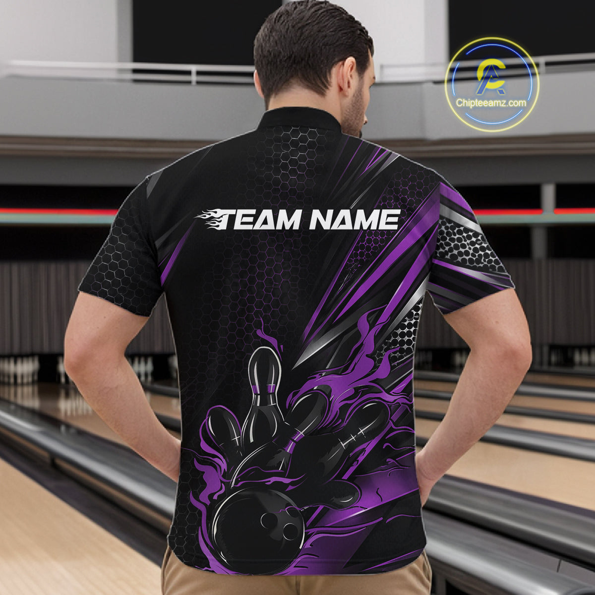 Custom Black And Purple Flame Bowling Team Men Quarter Zip Shirt, Bowling League Shirt IPHW12205