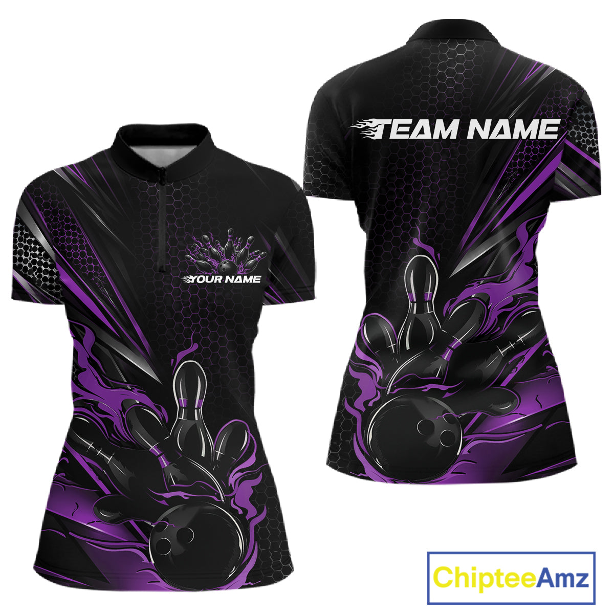 Custom Black And Purple Flame Bowling Team Women Quarter-Zip Shirt, Bowling League Shirt IPHW12205