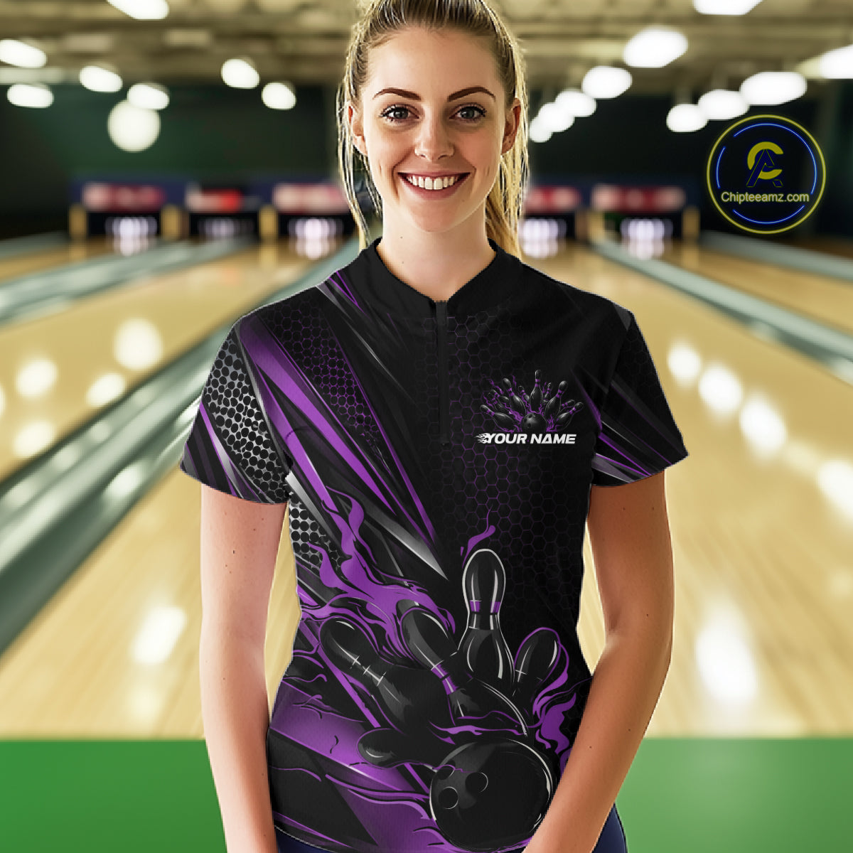 Custom Black And Purple Flame Bowling Team Women Quarter-Zip Shirt, Bowling League Shirt IPHW12205