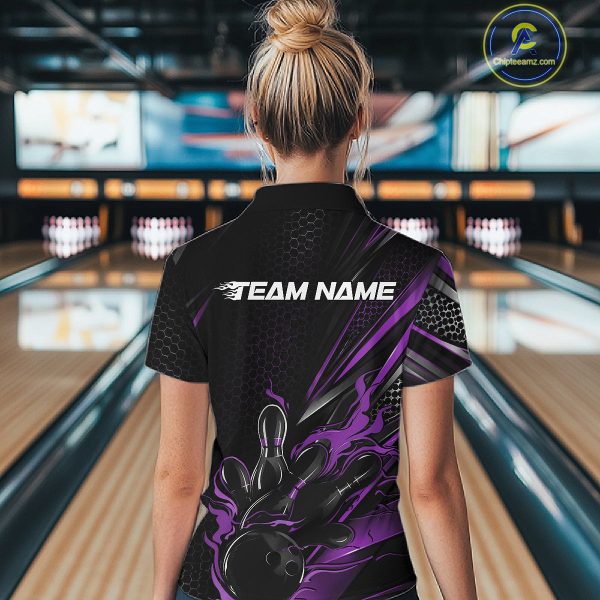 Custom Black And Purple Flame Bowling Team Women Quarter-Zip Shirt, Bowling League Shirt IPHW12205