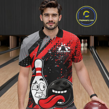 Custom Funny Bowling Polo Shirt For Men, Red Bowling Ball And Pin Bowling Jersey IPHW10257