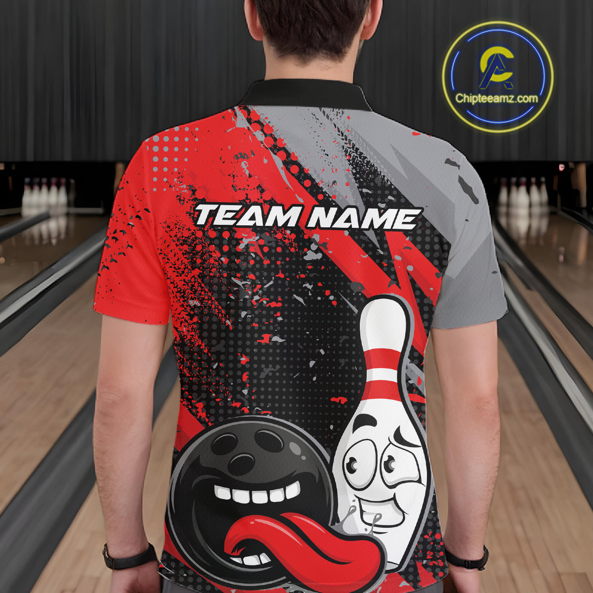 Custom Funny Bowling Polo Shirt For Men, Red Bowling Ball And Pin Bowling Jersey IPHW10257