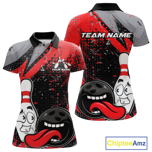 Custom Funny Bowling Polo Shirt For Women, Red Bowling Ball And Pin Bowling Jersey IPHW10257