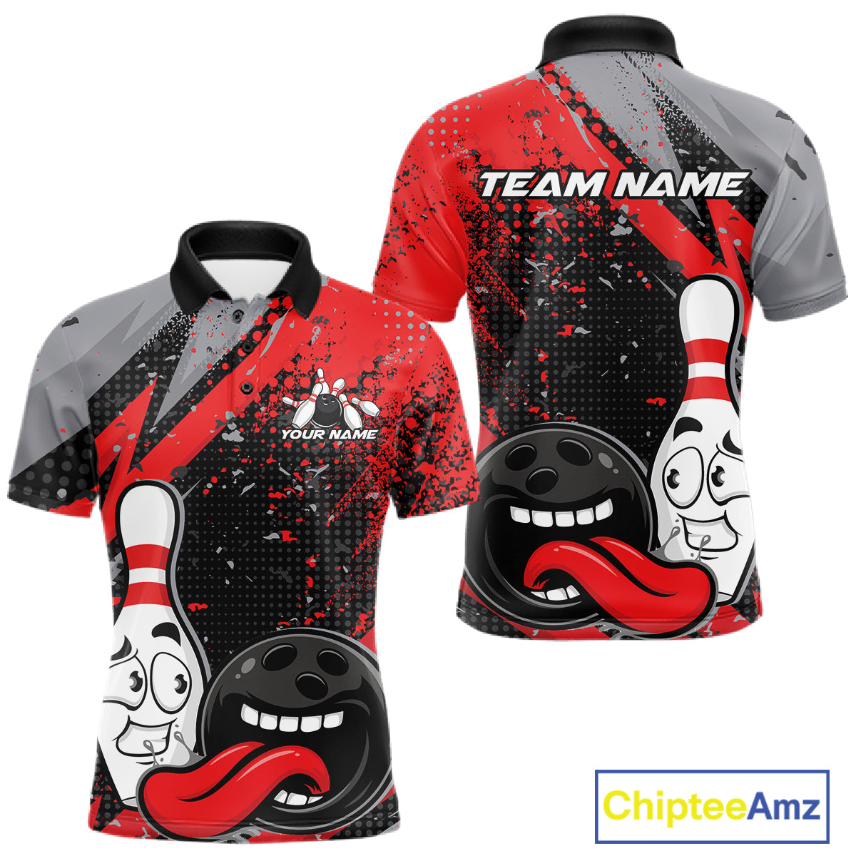 Custom Funny Bowling Polo Shirt For Men, Red Bowling Ball And Pin Bowling Jersey IPHW10257