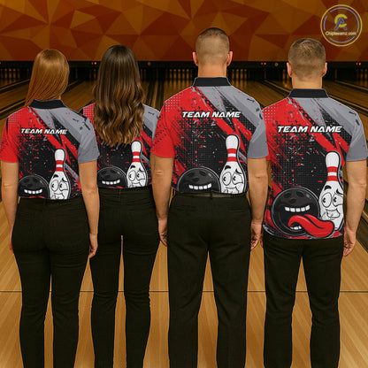 Custom Funny Bowling Polo Shirt For Men, Red Bowling Ball And Pin Bowling Jersey IPHW10257