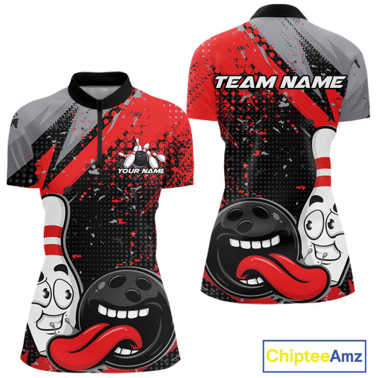 Custom Funny Bowling Women Quarter-Zip Shirt, Red Bowling Ball And Pin Bowling Jersey IPHW10257