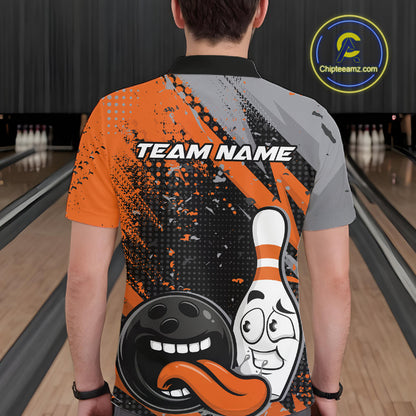 Custom Funny Bowling Polo Shirt For Men, Orange Bowling Ball And Pin Bowling Jersey IPHW10258