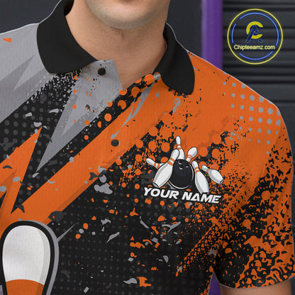 Custom Funny Bowling Polo Shirt For Men, Orange Bowling Ball And Pin Bowling Jersey IPHW10258