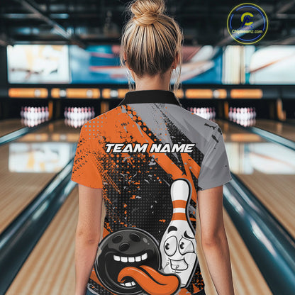 Custom Funny Bowling Polo Shirt For Women, Orange Bowling Ball And Pin Bowling Jersey IPHW10258