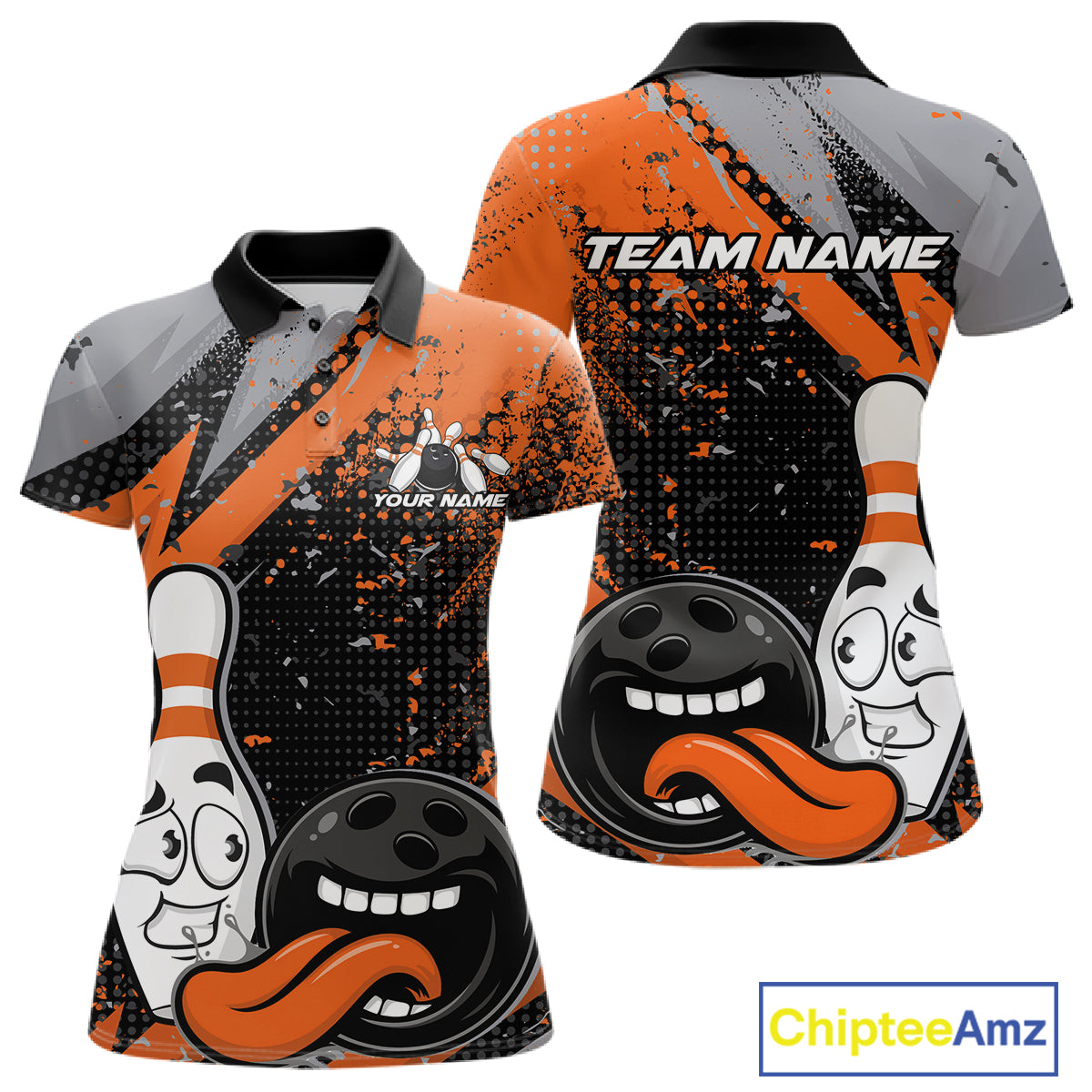 Custom Funny Bowling Polo Shirt For Women, Orange Bowling Ball And Pin Bowling Jersey IPHW10258