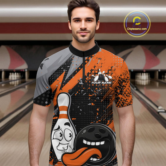 Custom Funny Bowling Quarter-Zip Shirt For Men, Orange Bowling Ball And Pin Bowling Jersey IPHW10258