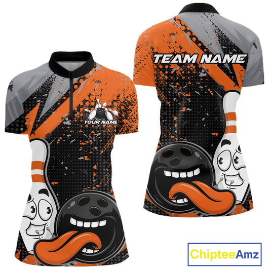 Custom Funny Bowling Women Quarter-Zip Shirt, Orange Bowling Ball And Pin Bowling Jersey IPHW10258