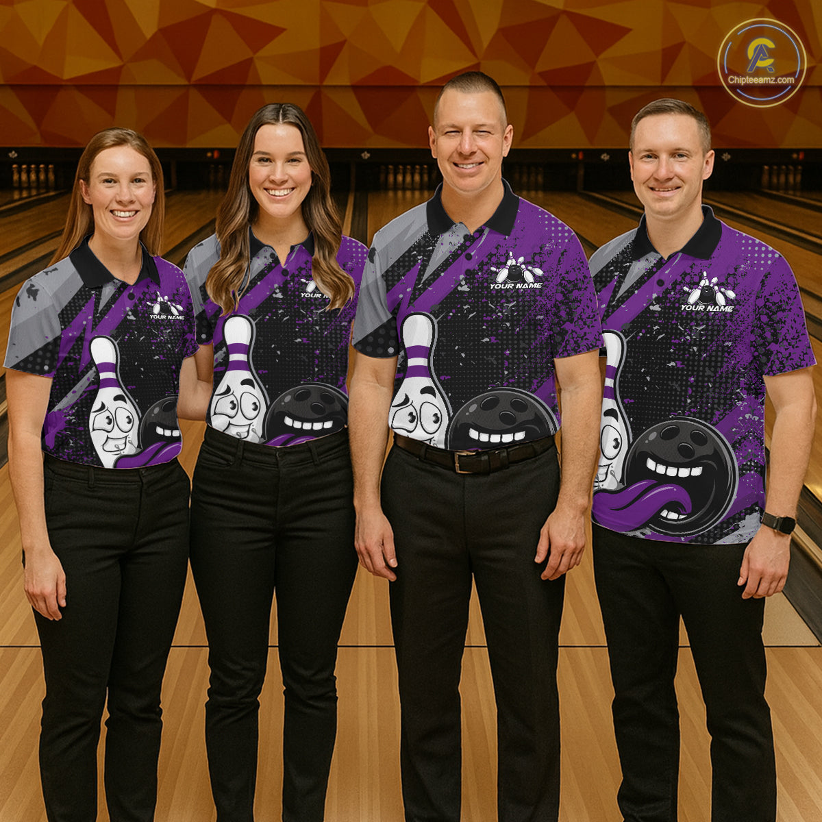 Custom Funny Bowling Polo Shirt For Men, Purple Bowling Ball And Pin Bowling Jersey IPHW10259
