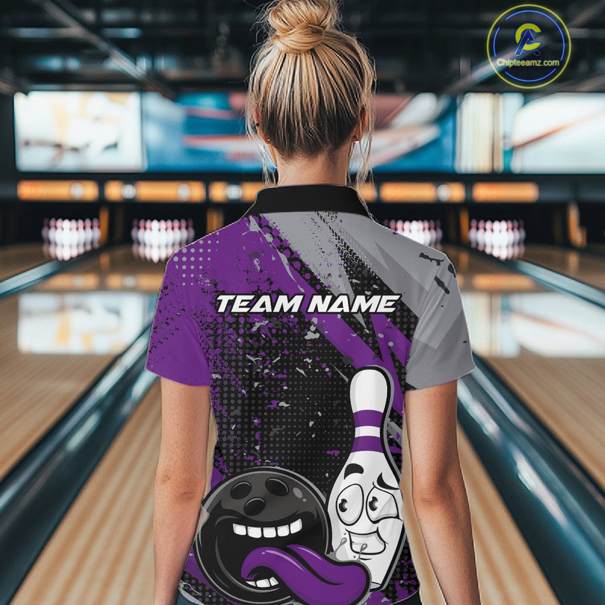 Custom Funny Bowling Women Quarter-Zip Shirt, Purple Bowling Ball And Pin Bowling Jersey IPHW10259