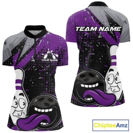 Custom Funny Bowling Women Quarter-Zip Shirt, Purple Bowling Ball And Pin Bowling Jersey IPHW10259