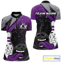 Load image into Gallery viewer, Custom Funny Bowling Women Quarter-Zip Shirt, Purple Bowling Ball And Pin Bowling Jersey IPHW10259