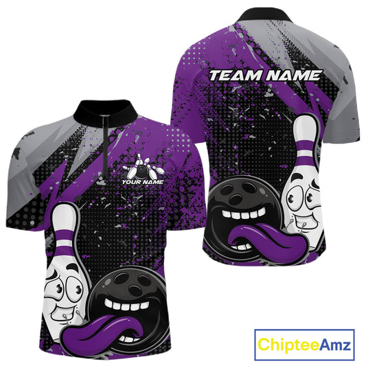 Custom Funny Bowling Quarter-Zip Shirt For Men, Purple Bowling Ball And Pin Bowling Jersey IPHW10259