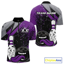 Load image into Gallery viewer, Custom Funny Bowling Quarter-Zip Shirt For Men, Purple Bowling Ball And Pin Bowling Jersey IPHW10259