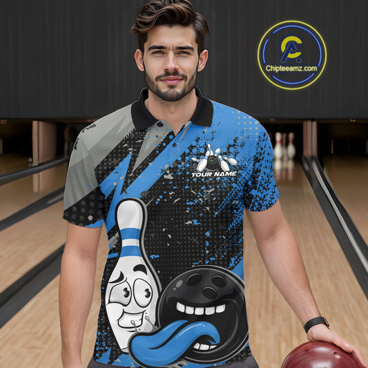 Custom Funny Bowling Polo Shirt For Men, Blue Bowling Ball And Pin Bowling Jersey IPHW10260