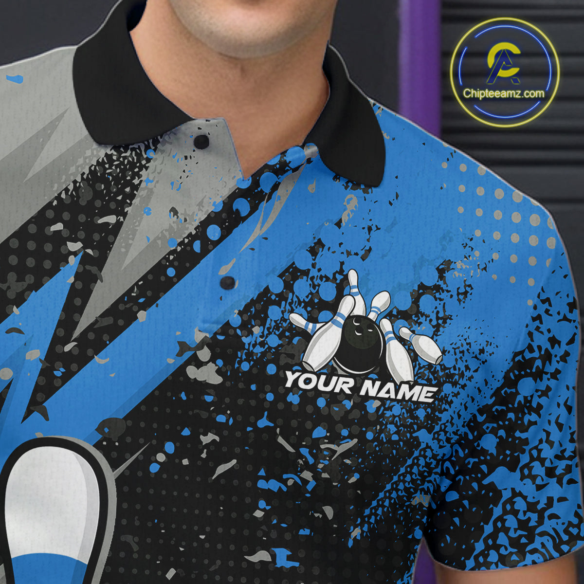 Custom Funny Bowling Polo Shirt For Men, Blue Bowling Ball And Pin Bowling Jersey IPHW10260