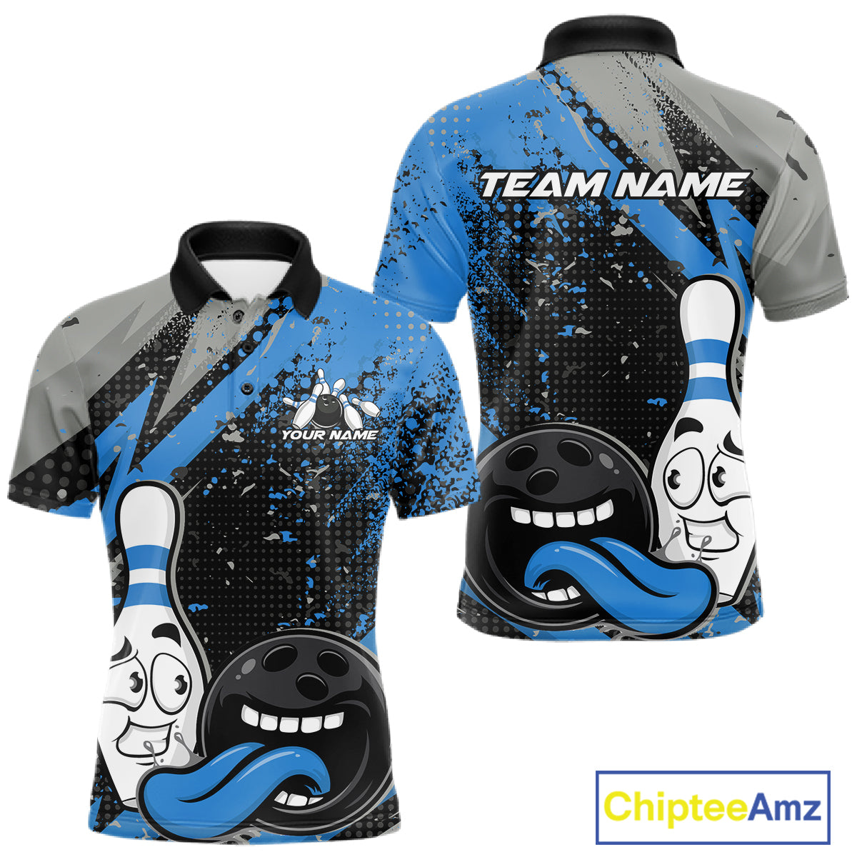 Custom Funny Bowling Polo Shirt For Men, Blue Bowling Ball And Pin Bowling Jersey IPHW10260