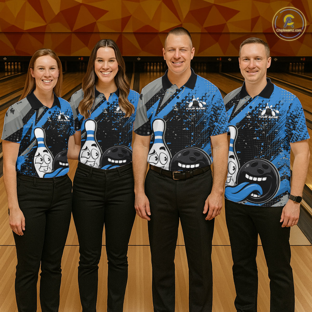Custom Funny Bowling Polo Shirt For Men, Blue Bowling Ball And Pin Bowling Jersey IPHW10260