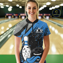 Load image into Gallery viewer, Custom Funny Bowling Women Quarter-Zip Shirt, Blue Bowling Ball And Pin Bowling Jersey IPHW10260