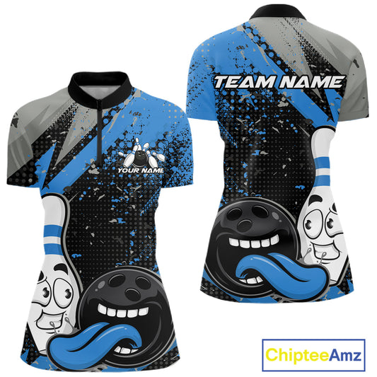 Custom Funny Bowling Women Quarter-Zip Shirt, Blue Bowling Ball And Pin Bowling Jersey IPHW10260