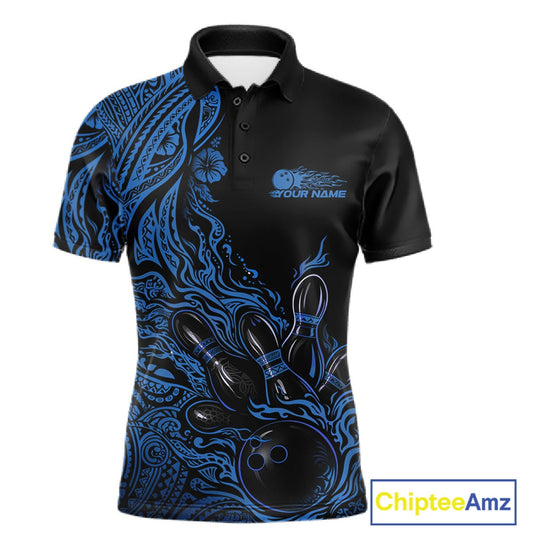 Custom Black And Blue Tribal Pattern Flame Bowling Team Shirts, Polynesian Bowling Ball Bowling League Shirt IPHW10492