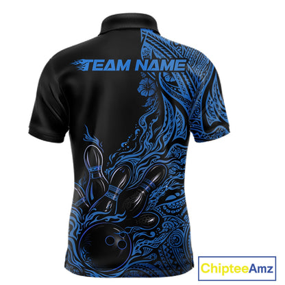 Custom Black And Blue Tribal Pattern Flame Bowling Team Shirts, Polynesian Bowling Ball Bowling League Shirt IPHW10492