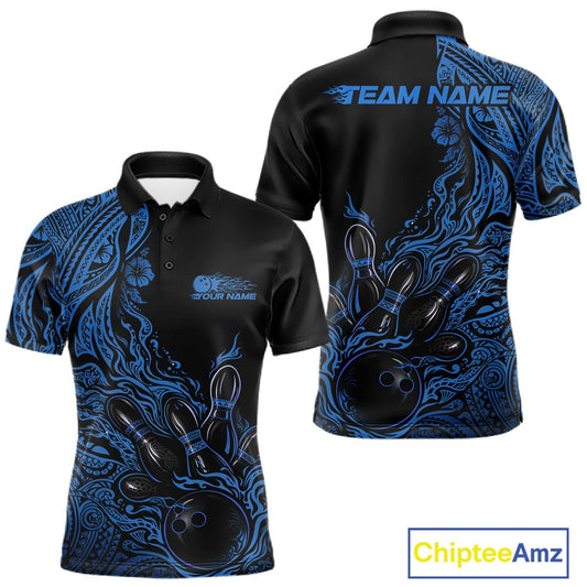 Custom Black And Blue Tribal Pattern Flame Bowling Team Shirts, Polynesian Bowling Ball Bowling League Shirt IPHW10492