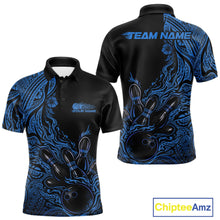 Load image into Gallery viewer, Custom Black And Blue Tribal Pattern Flame Bowling Team Shirts, Polynesian Bowling Ball Bowling League Shirt IPHW10492