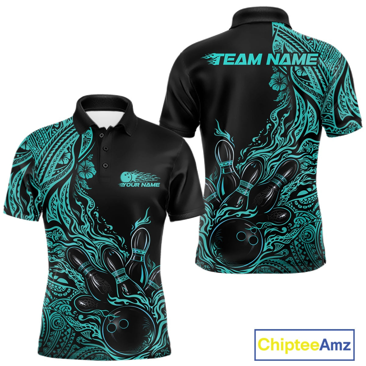 Custom Black And Turquoise Blue Tribal Flame Bowling Team Shirts, Polynesian Bowling Ball Bowling League Shirt IPHW10493