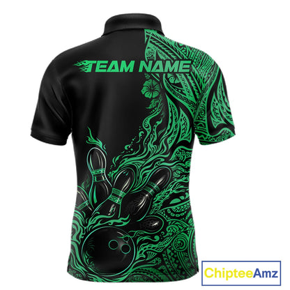 Custom Black And Green Tribal Pattern Flame Bowling Team Shirts, Polynesian Bowling Ball Bowling League Shirt IPHW10495