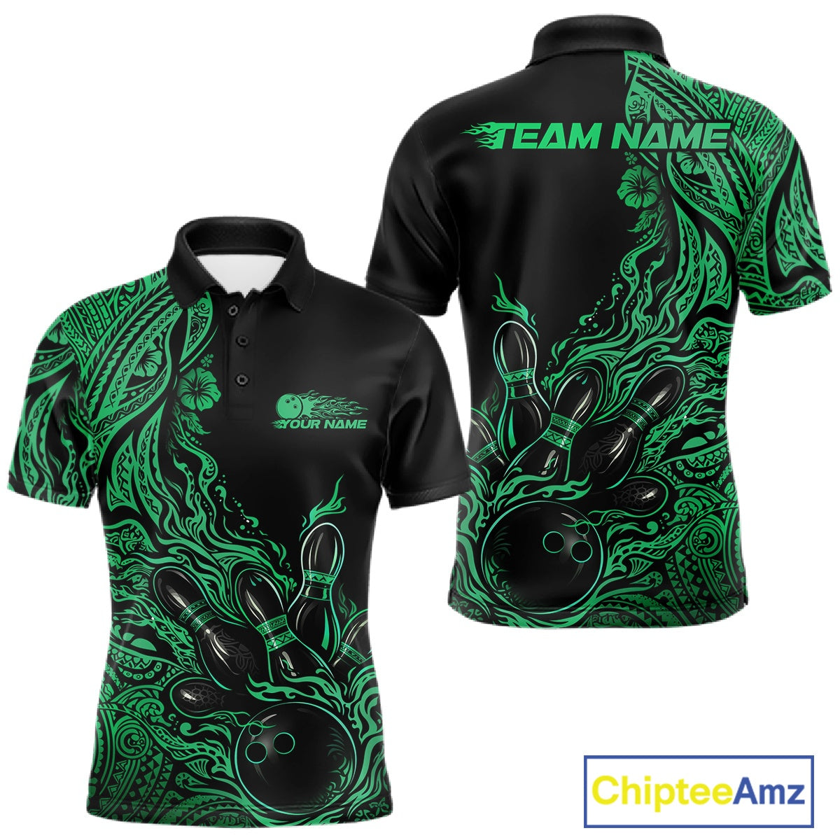 Custom Black And Green Tribal Pattern Flame Bowling Team Shirts, Polynesian Bowling Ball Bowling League Shirt IPHW10495