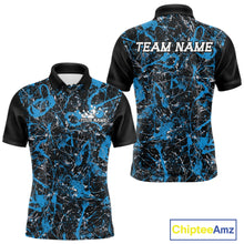 Load image into Gallery viewer, Front and back views of a black polo shirt with electric blue paint-splatter graphics, personalized with “Your Name” on the chest and “Team Name” across the back.
