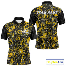 Load image into Gallery viewer, Front and back views of a black polo shirt with yellow paint-splatter graphics, personalized with “Your Name” on the chest and “Team Name” across the back.
