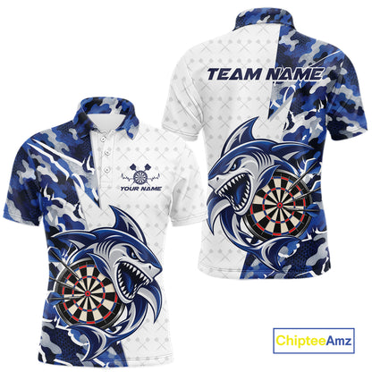 Custom Blue Camo Shark Dart Polo Shirt For Men, Dart League Shirt Dart Team Outfit IPHW12638