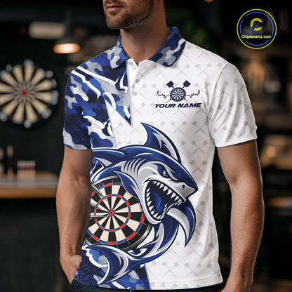 Custom Blue Camo Shark Dart Polo Shirt For Men, Dart League Shirt Dart Team Outfit IPHW12638
