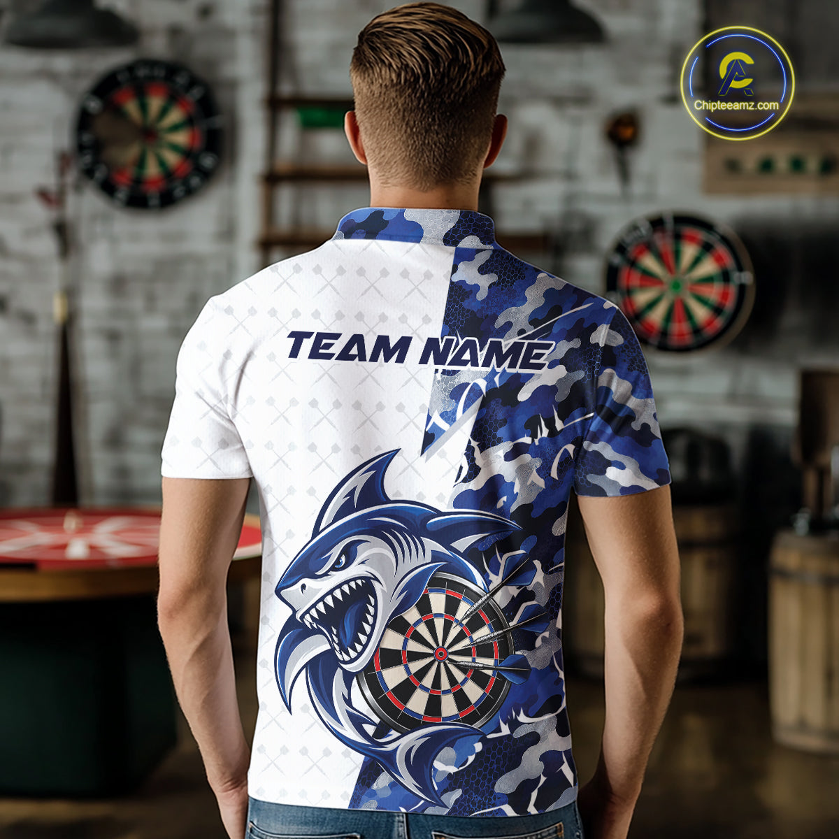 Custom Blue Camo Shark Dart Polo Shirt For Men, Dart League Shirt Dart Team Outfit IPHW12638
