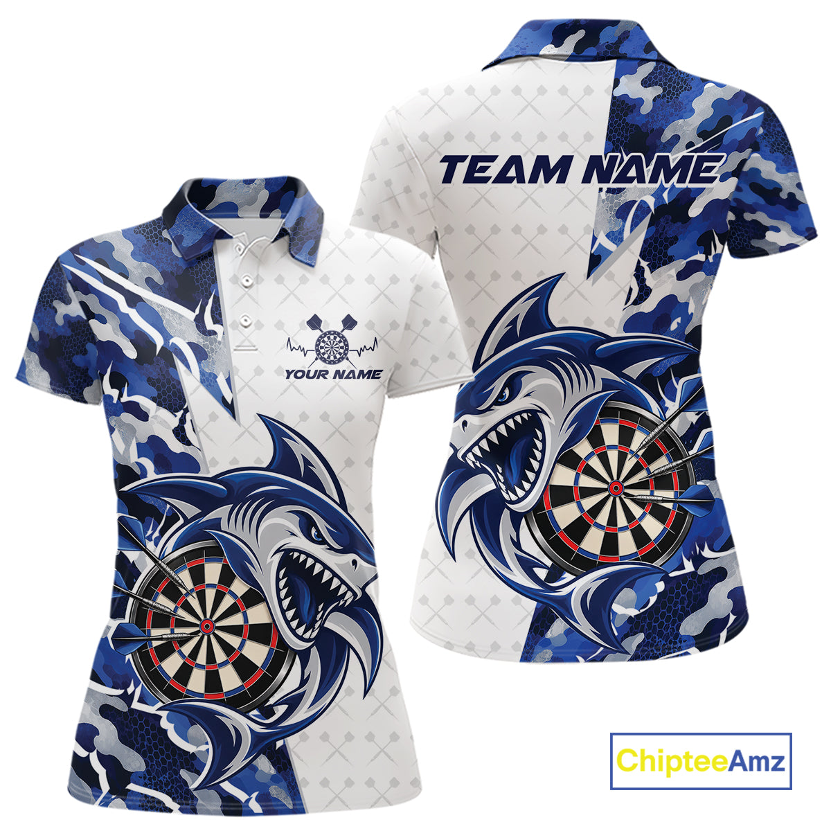Custom Blue Camo Shark Dart Polo Shirt For Women, Dart League Shirt Dart Team Outfit IPHW12638