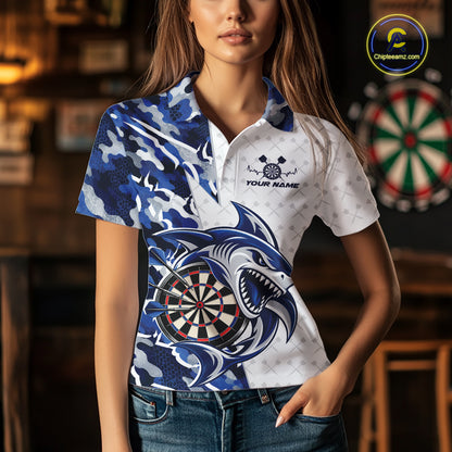 Custom Blue Camo Shark Dart Polo Shirt For Women, Dart League Shirt Dart Team Outfit IPHW12638