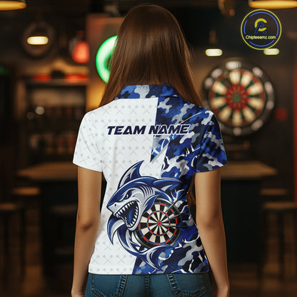 Custom Blue Camo Shark Dart Polo Shirt For Women, Dart League Shirt Dart Team Outfit IPHW12638