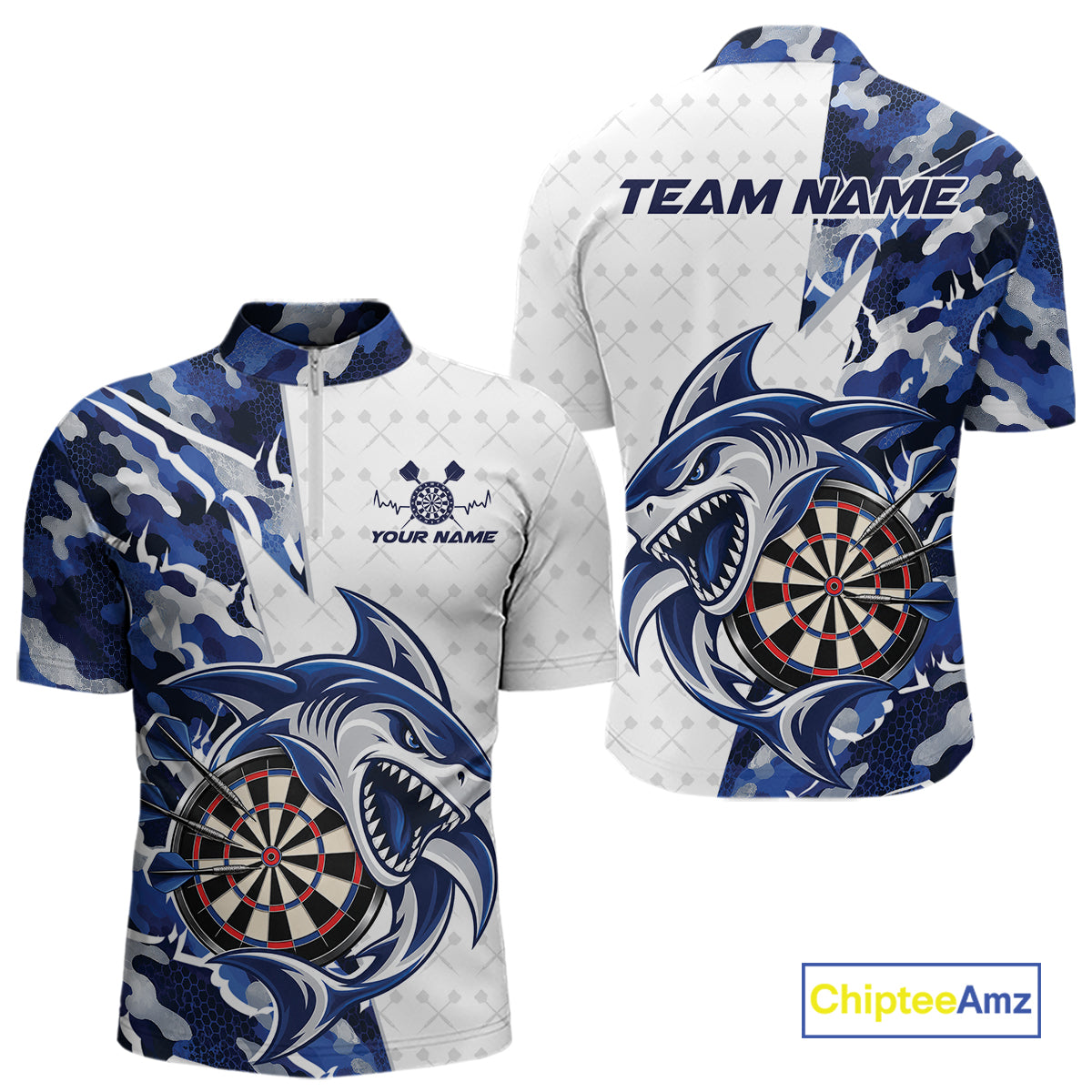 Custom Blue Camo Shark Dart Quarter Zip Shirt For Men, Dart League Shirt Dart Team Outfit IPHW12638