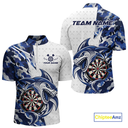 Custom Blue Camo Shark Dart Quarter Zip Shirt For Men, Dart League Shirt Dart Team Outfit IPHW12638