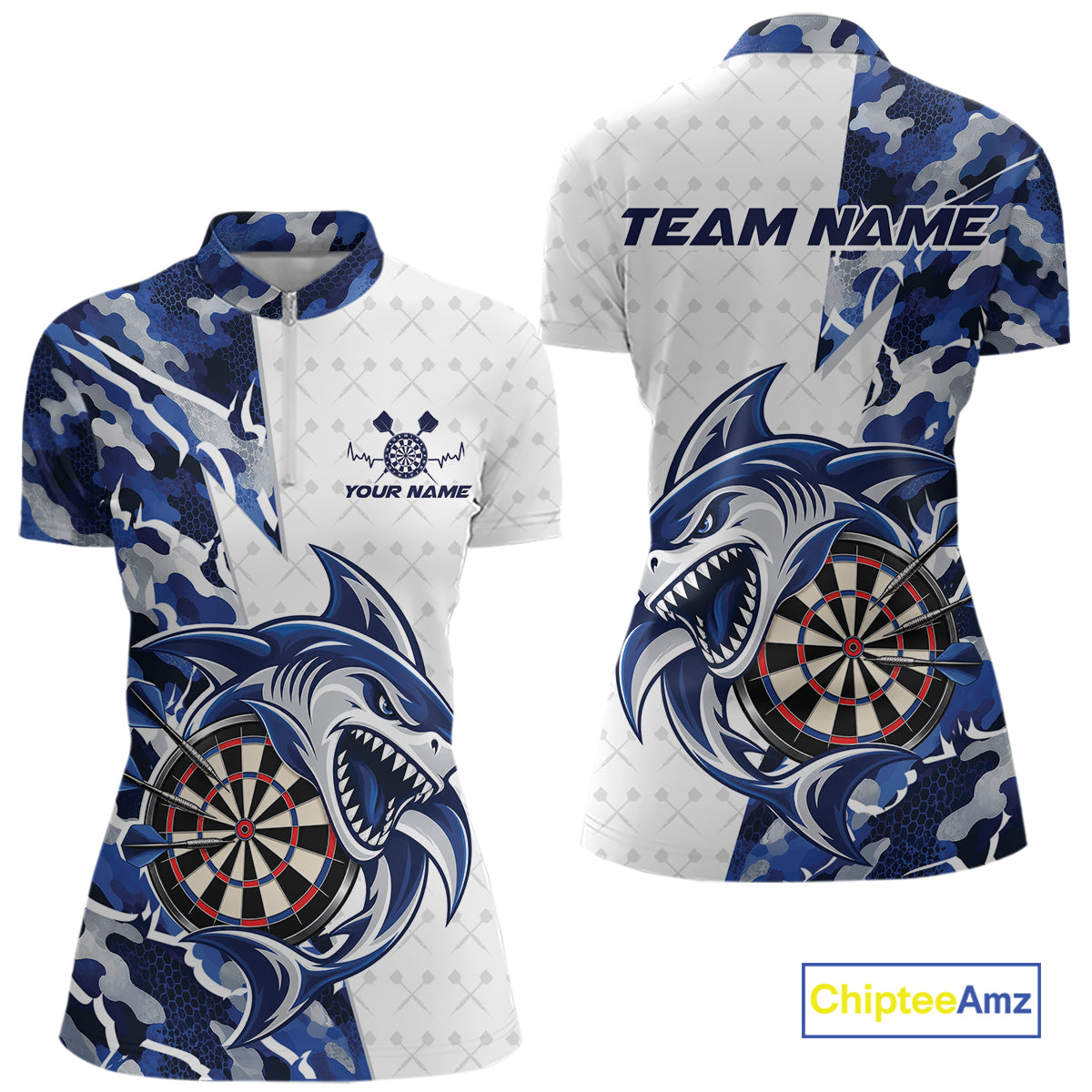 Custom Blue Camo Shark Dart Quarter-Zip Shirt For Women, Dart League Shirt Team Outfit IPHW12638