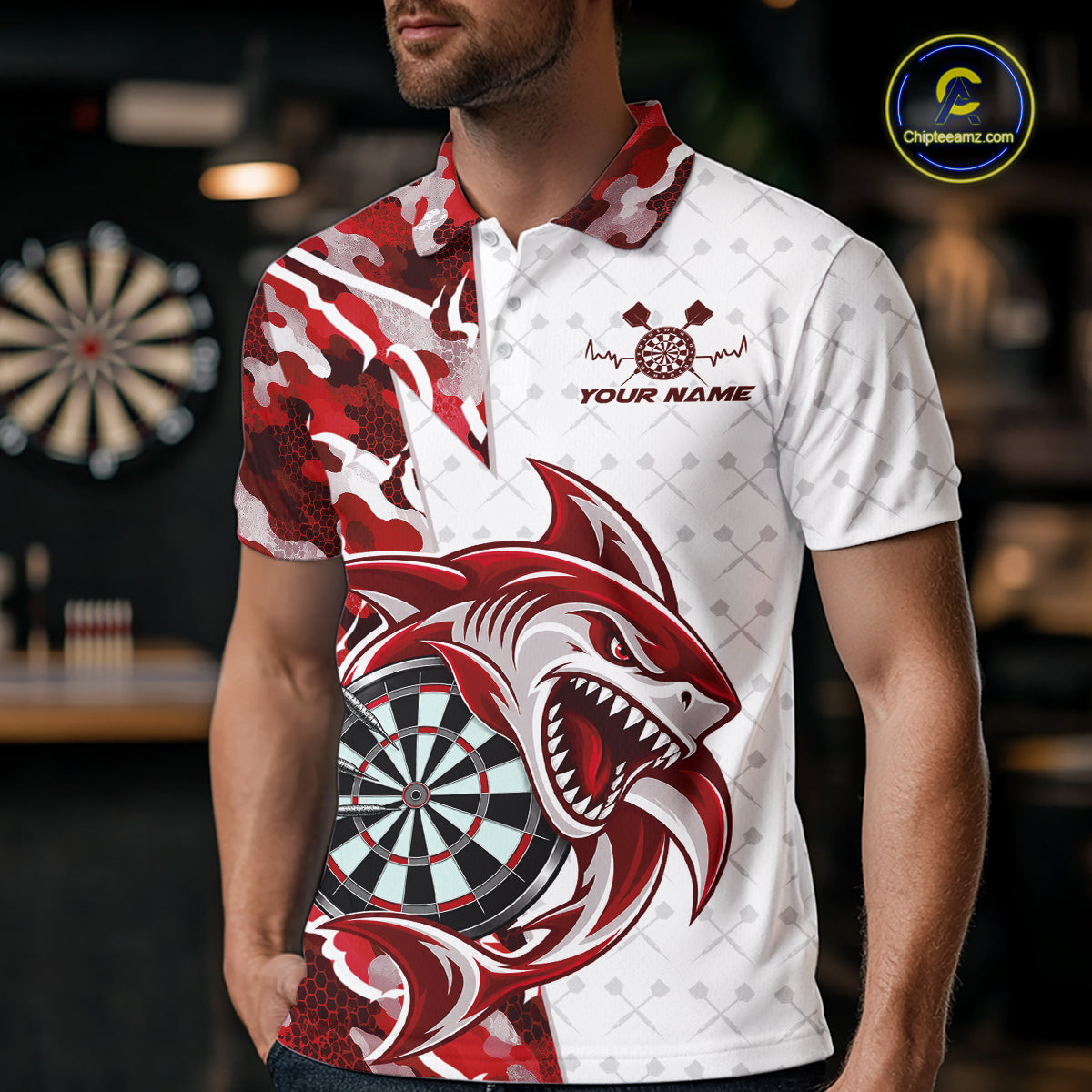 Custom Red Camo Shark Dart Polo Shirt For Men, Dart League Shirt Dart Team Outfit IPHW12639