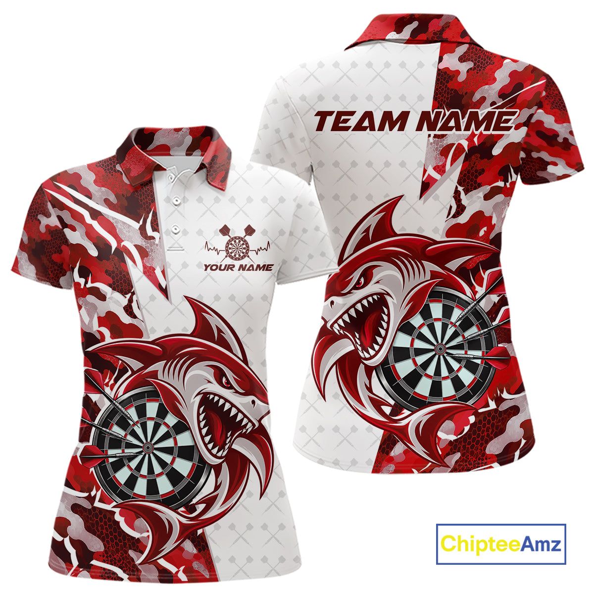 Custom Red Camo Shark Dart Polo Shirt For Women, Dart League Shirt Dart Team Outfit IPHW12639